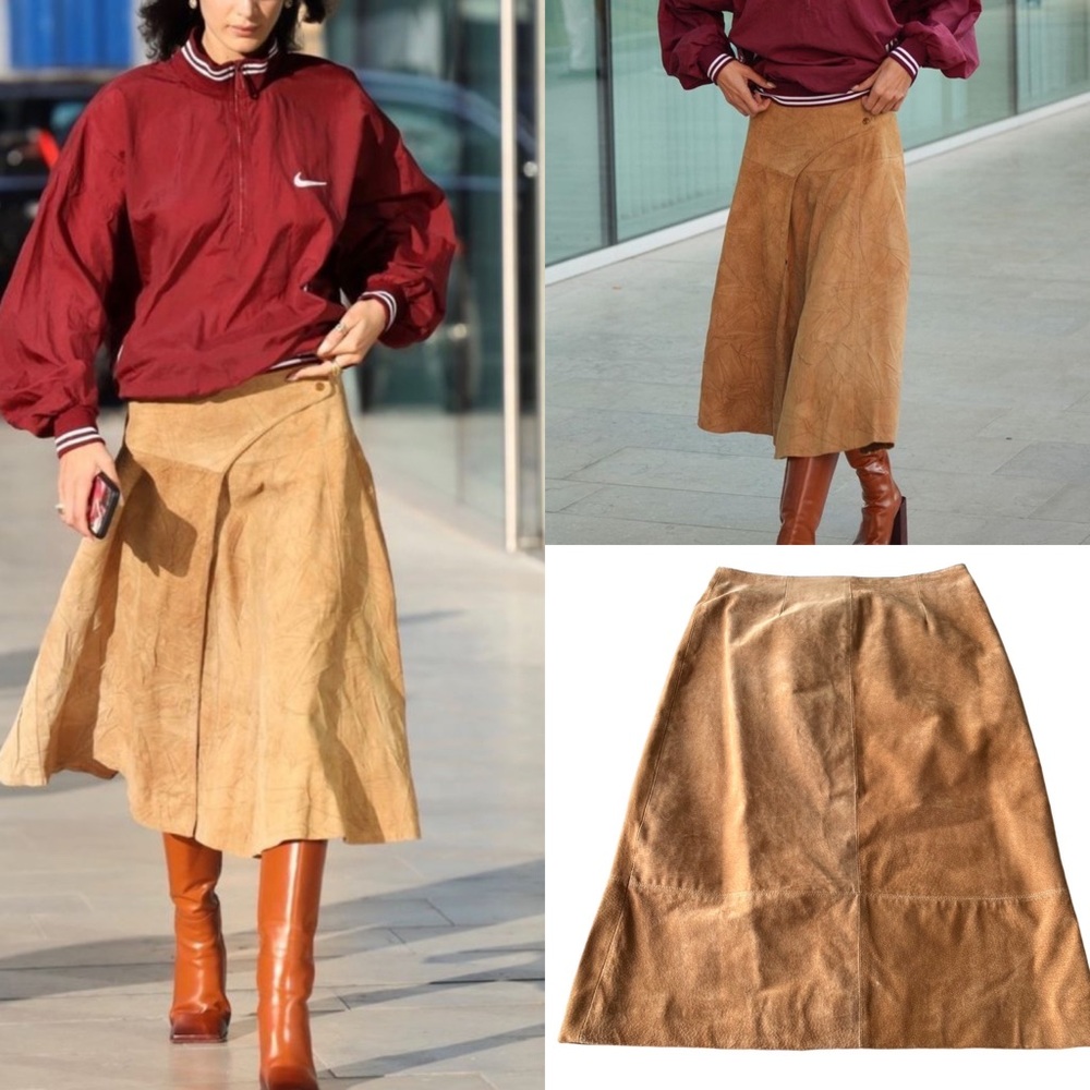 Gorgeous Vintage 90s Buttery Caramel‎ Suede Knee Length- Midi Skirt